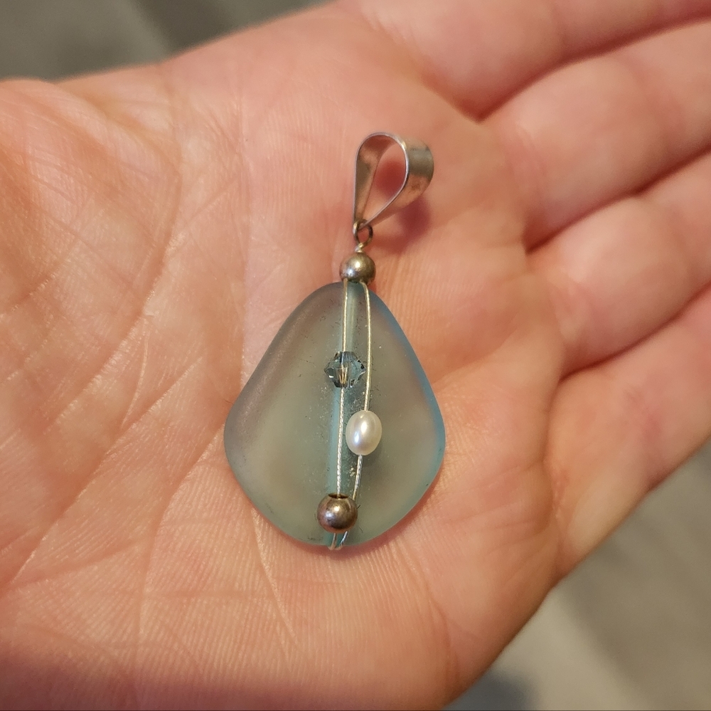 Silver and Blue Seaglass Necklace Pendant